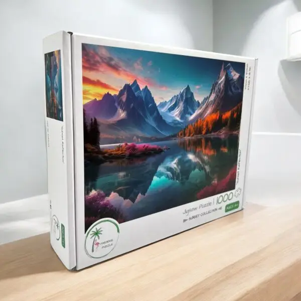 A jigsaw puzzle featuring a beautiful painting of mountains and water, capturing the essence of nature's beauty and tranquility.