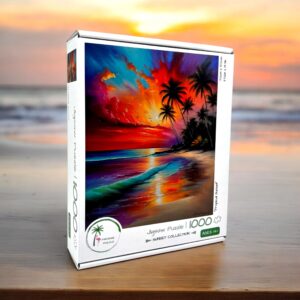 A 1000-piece jigsaw puzzle box depicting a colorful sunset over a tropical beach with palm trees. The puzzle is suitable for ages 14 and up.